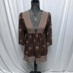 Charlotte Russe Top Womens Size Medium Brown Pink Sheer VNeck Boho Peasant Shirt
